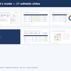 Op de afbeelding: Een digitale presentatiesjabloon met 17 bewerkbare dia's met de tekst What's inside - 17 editable slides. De dia's tonen diverse financi&euml;le gegevens, projectstatus-tabellen, cirkeldiagrammen en risicomatrices in blauw en wit.
