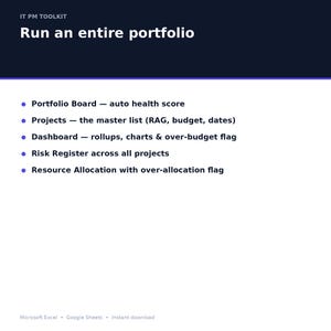 May include: An IT PM toolkit digital document titled Run an entire portfolio. It lists features including a Portfolio Board with auto health score, Projects master list, Dashboard with rollups and charts, Risk Register, and Resource Allocation.
