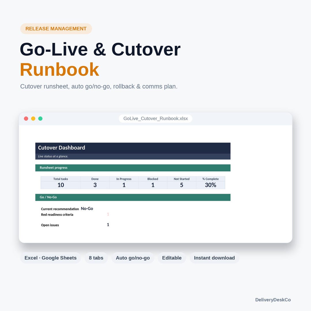 Cutover Runbook & Hypercare Pack (Excel) — preview of the Excel template as listed on Etsy