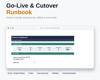 Cutover Runbook Excel Template | Go Live Plan, Hypercare Exit Criteria, Rollback & Release Management | ERP IT Project Spreadsheet