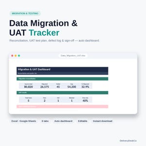 Datamigratietracker Excel | UAT-testplan, foutenlogboek, afstemming en afmelding | Spreadsheet voor IT-projecten testen
