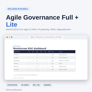 Op de afbeelding: Een digitale presentatiedia getiteld Agile Governance Full + Lite met een Workstream RAG-dashboard. De tabel toont projectstatusgegevens, waaronder werkstroom, trend, scope, planning, budget, eigenaar en opmerkingen in een overzichtelijke lay-out.