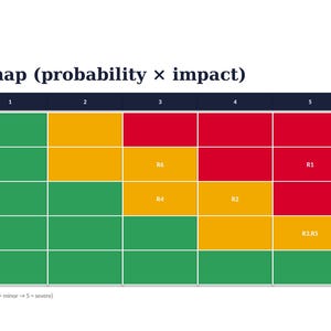 Op de afbeelding: Een risico-heatmap-diagram getiteld Risk heatmap (probability x impact) met een raster van 1 tot 5 op beide assen. Het diagram gebruikt rood voor kritiek, geel voor verhoogd en groen voor lage risiconiveaus, met labels R1, R2, R3, R4, R5 en R6.