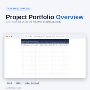 K&ouml;nnte beinhalten: Eine IT-PM Excel-Vorlage mit dem Titel Project Portfolio Overview, die eine Tabellenkalkulationsoberfl&auml;che namens IT_Project_Portfolio_PMO_Dashboard_Tracker.xlsx zeigt. Das Dokument enth&auml;lt Spalten f&uuml;r Projekt-ID, Name, Sponsor, Manager, Kategorie, Phase und Budget.