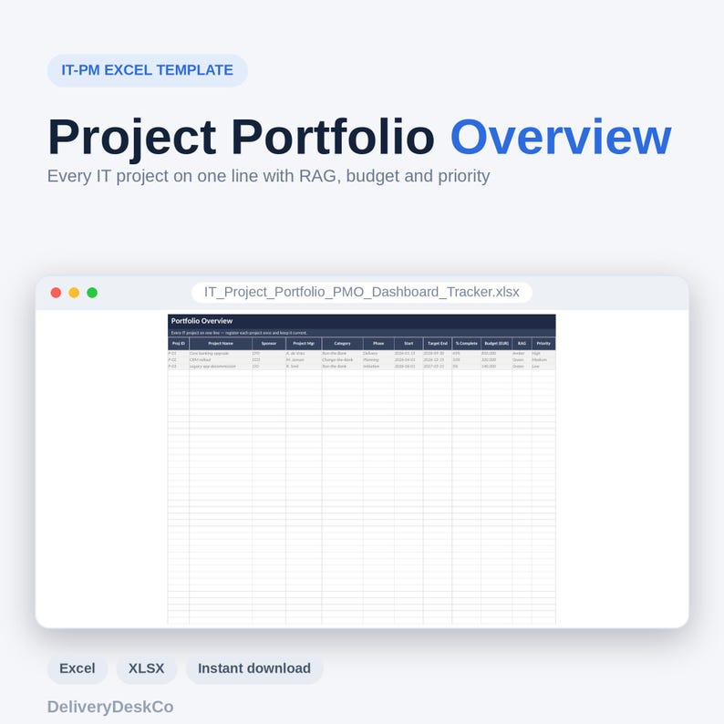 K&ouml;nnte beinhalten: Eine IT-PM Excel-Vorlage mit dem Titel Project Portfolio Overview, die eine Tabellenkalkulationsoberfl&auml;che namens IT_Project_Portfolio_PMO_Dashboard_Tracker.xlsx zeigt. Das Dokument enth&auml;lt Spalten f&uuml;r Projekt-ID, Name, Sponsor, Manager, Kategorie, Phase und Budget.