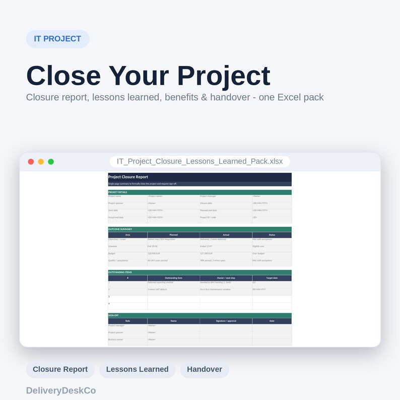Puede incluir: Un documento digital titulado IT Project Close Your Project, que presenta una hoja de c&aacute;lculo llamada IT_Project_Closure_Lessons_Learned_Pack.xlsx. La interfaz muestra secciones para detalles del proyecto, resumen, elementos pendientes y firma.