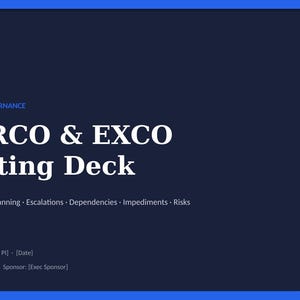 Op de afbeelding: Een donkerblauwe presentatiedia met de titel STEERCO & EXCO Reporting Deck in witte tekst. Het bevat de kop AGILE PROGRAMME GOVERNANCE en een lijst met onderwerpen waaronder Roadmaps, Decisions, Planning, Escalations, Dependencies, Impediments en Risks.