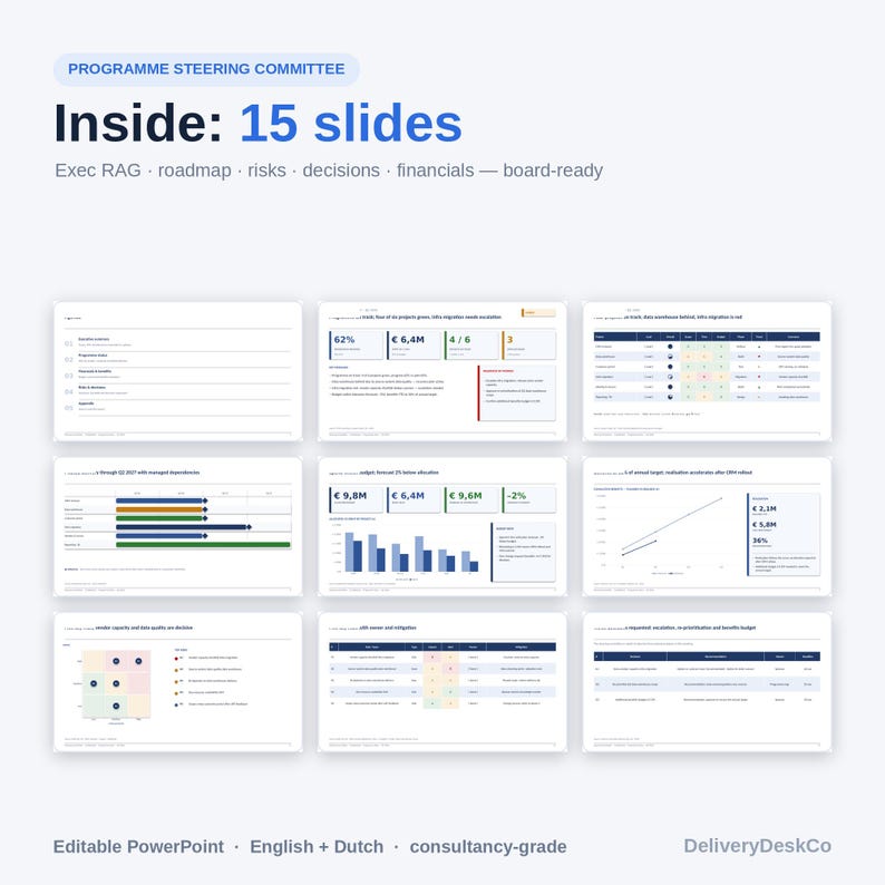 May include: A digital presentation template titled Programme Steering Committee Inside: 15 slides. The layout includes various business charts, tables, and data visualisations covering project roadmaps, risks, decisions, and financials in a clean format.