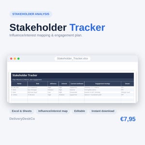 Peut inclure: Un mod&egrave;le de feuille de calcul num&eacute;rique Stakeholder Tracker avec des colonnes pour le nom, le r&ocirc;le, l'influence, l'int&eacute;r&ecirc;t, le sentiment actuel, la strat&eacute;gie d'engagement et le propri&eacute;taire. Le fichier Stakeholder_Tracker.xlsx est affich&eacute;.
