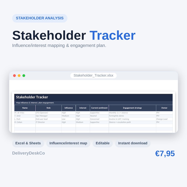 Peut inclure: Un mod&egrave;le de feuille de calcul num&eacute;rique Stakeholder Tracker avec des colonnes pour le nom, le r&ocirc;le, l'influence, l'int&eacute;r&ecirc;t, le sentiment actuel, la strat&eacute;gie d'engagement et le propri&eacute;taire. Le fichier Stakeholder_Tracker.xlsx est affich&eacute;.