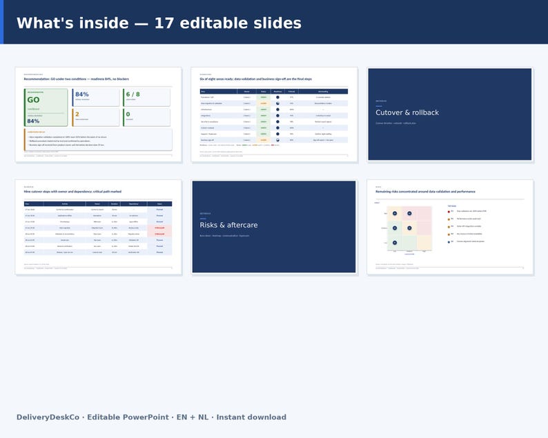 May include: A digital presentation template featuring 17 editable slides with the text What's inside - 17 editable slides. The slides display project management data, including tables, risk matrices, and status dashboards with blue and white themes.