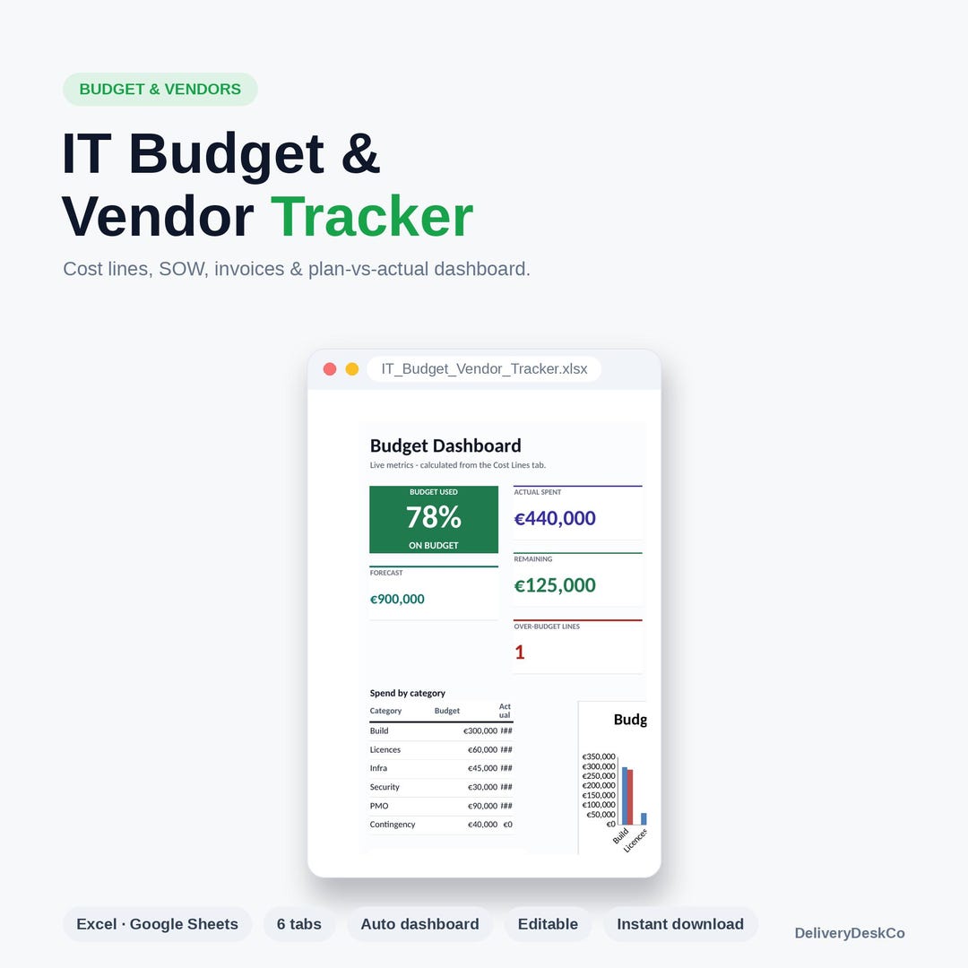 IT Project Budget & Vendor Tracker (Excel) — product image showing the Excel template