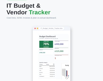 IT-projectbudget en leverancierstracker | Kostenregels, SOW, facturen, plan versus feitelijk dashboard | Excel-budgetsjabloon