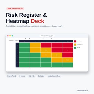 May include: A digital Risk Register & Heatmap Deck presentation template featuring a 5x5 risk matrix with green, yellow, and red color-coded cells. The interface displays probability and impact axes, risk labels, and a legend for critical, elevated, and low risk levels.