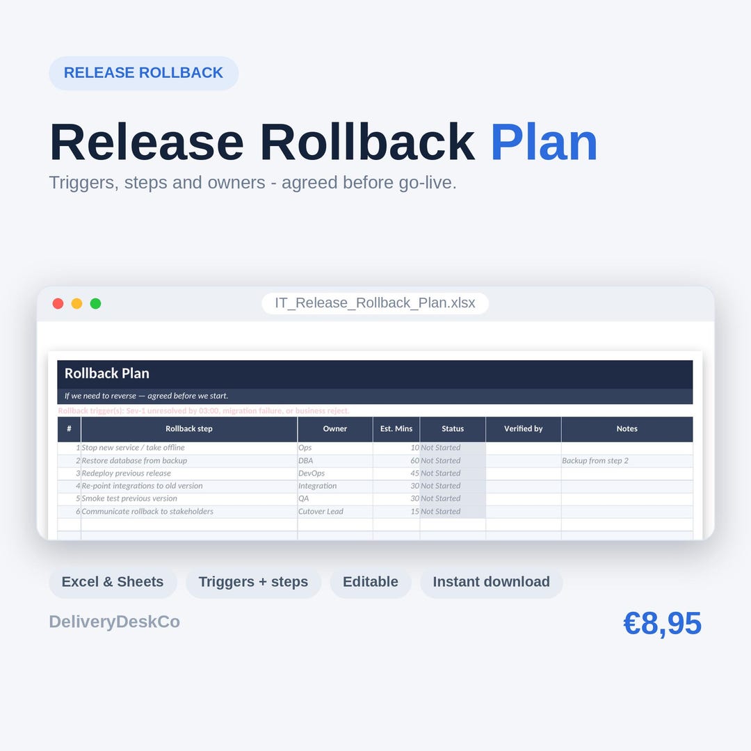 Rollback Plan Template (Excel) — preview of the Excel template as listed on Etsy