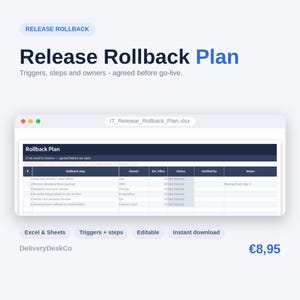 May include: A digital document template titled Release Rollback Plan, displayed in a window labeled IT_Release_Rollback_Plan.xlsx. The spreadsheet includes columns for rollback step, owner, estimated minutes, status, verified by, and notes.
