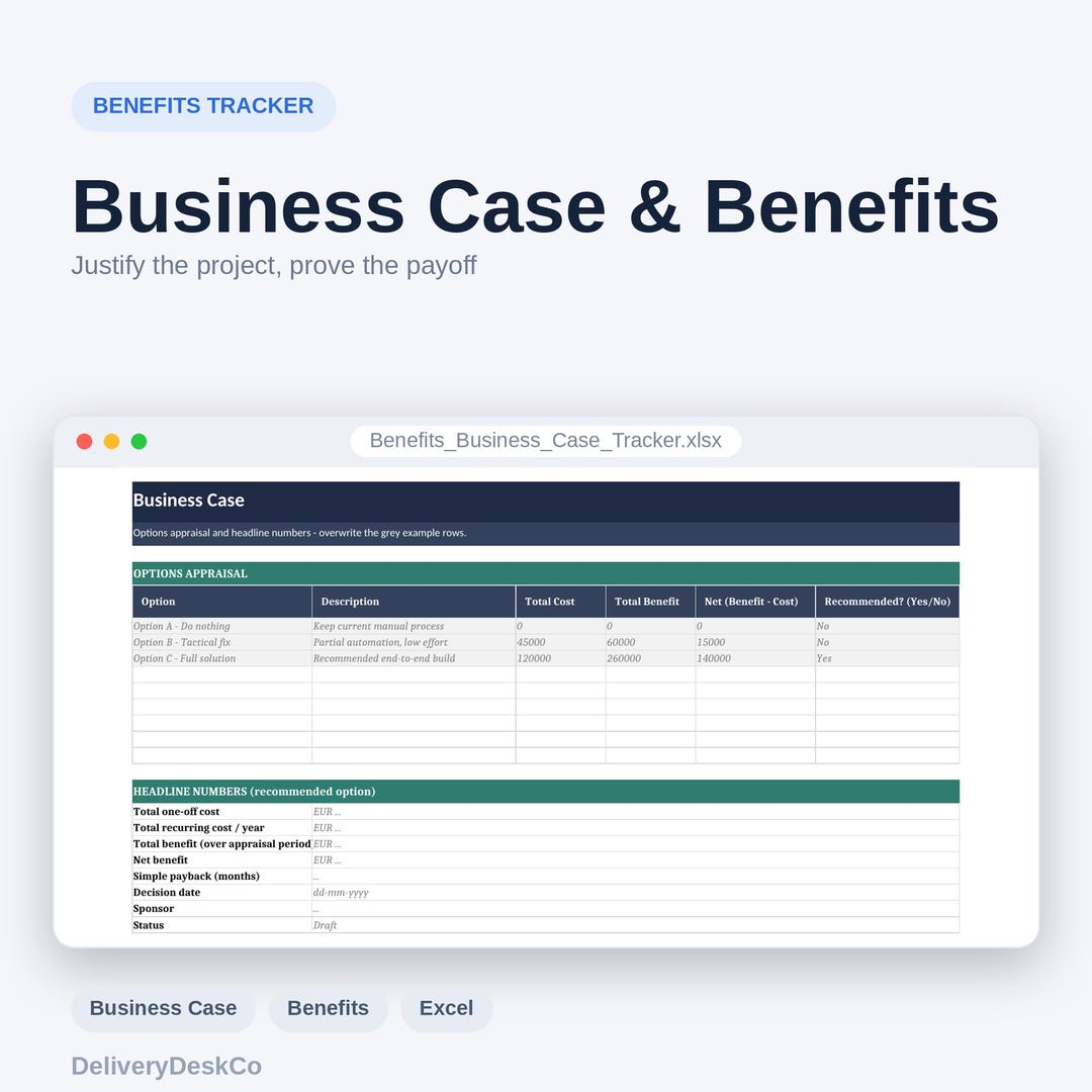 Business Case Template (Excel) — product image showing the Excel template