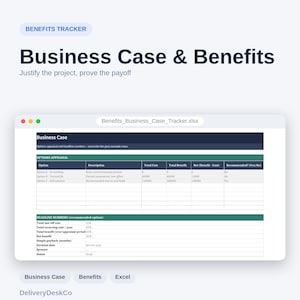 Peut inclure: Une feuille de calcul num&eacute;rique intitul&eacute;e Benefits_Business_Case_Tracker.xlsx affich&eacute;e dans une fen&ecirc;tre. Le document comprend une section Business Case avec un tableau Options Appraisal et une section Headline Numbers pour le suivi des co&ucirc;ts.
