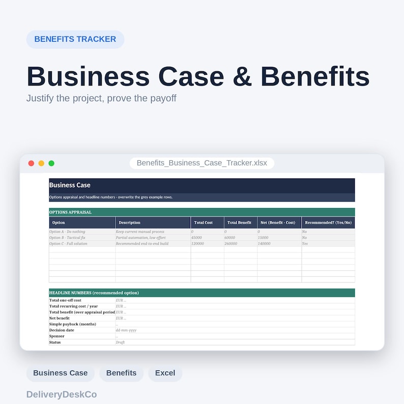 Peut inclure: Une feuille de calcul num&eacute;rique intitul&eacute;e Benefits_Business_Case_Tracker.xlsx affich&eacute;e dans une fen&ecirc;tre. Le document comprend une section Business Case avec un tableau Options Appraisal et une section Headline Numbers pour le suivi des co&ucirc;ts.
