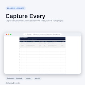 Puede incluir: Una hoja de c&aacute;lculo digital titulada IT_Project_Closure_Lessons_Learned_Pack.xlsx que presenta una tabla Lessons Learned Log con columnas para Category, What Happened, Went well / Improve, Impact, Recommended action y Status, sobre un fondo claro con el texto Capture Every y Lessons Learned.