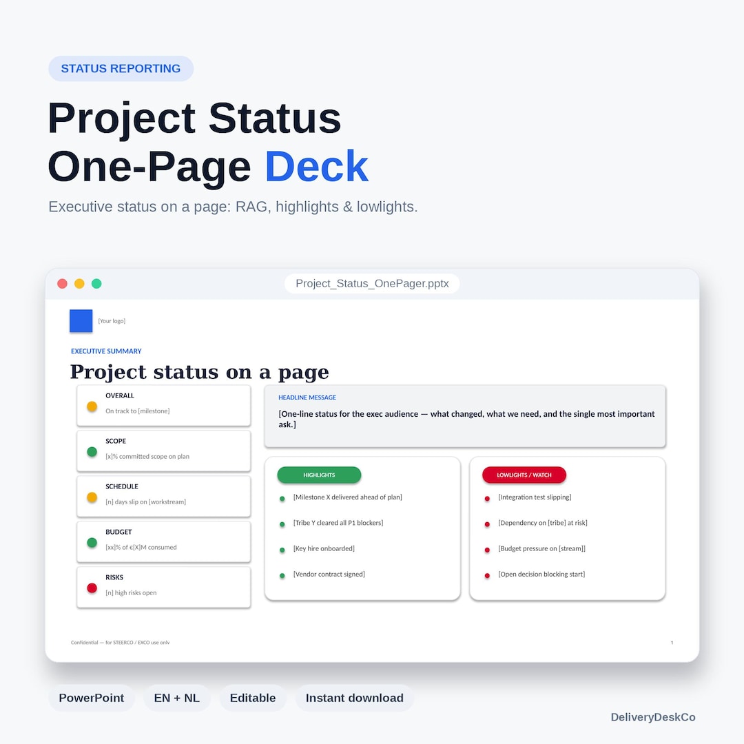 Project Status Report One-Pager (PowerPoint) — product image showing the PowerPoint template