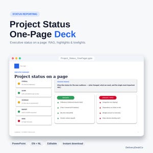 Peut inclure: Un mod&egrave;le de pr&eacute;sentation num&eacute;rique d'une page pour le suivi de projet sur fond blanc avec un espace r&eacute;serv&eacute; pour un logo bleu. La mise en page comprend un r&eacute;sum&eacute; ex&eacute;cutif, des indicateurs RAG, un encadr&eacute; de message et des sections points forts.