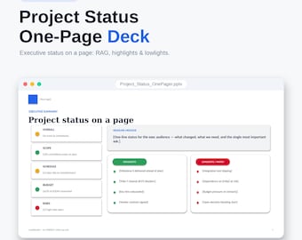 Modèle d'une page de rapport sur l'état du projet (PowerPoint) | Tableau de bord RAG, points forts (EN+NL)