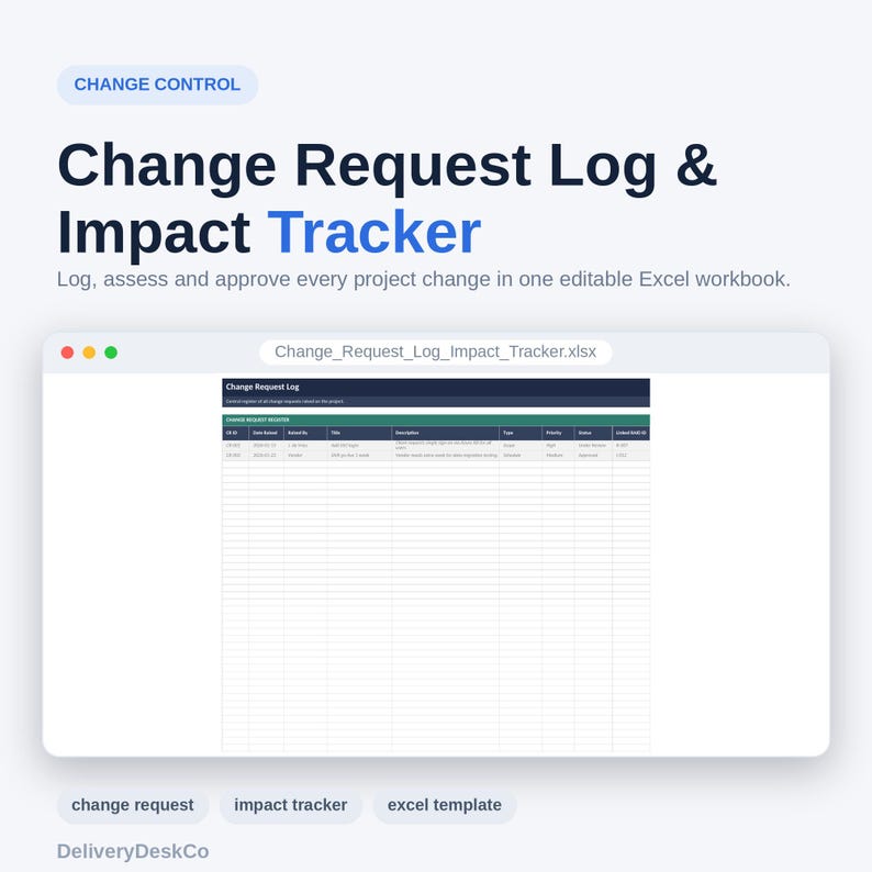Peut inclure: Un mod&egrave;le de classeur Excel pour le suivi des demandes de changement et d'impact. L'interface affiche une feuille de calcul avec des colonnes pour l'ID, la date, l'auteur, le titre, la description, le type, la priorit&eacute;, le statut et le risque.