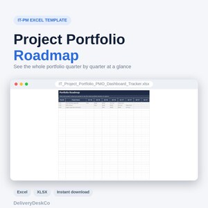 K&ouml;nnte beinhalten: Eine IT-PM Excel-Vorlage mit dem Titel Project Portfolio Roadmap. Die digitale Benutzeroberfl&auml;che zeigt eine Tabelle namens IT_Project_Portfolio_PMO_Dashboard_Tracker.xlsx mit einem Raster zur Verfolgung von Projektphasen nach Quartalen.