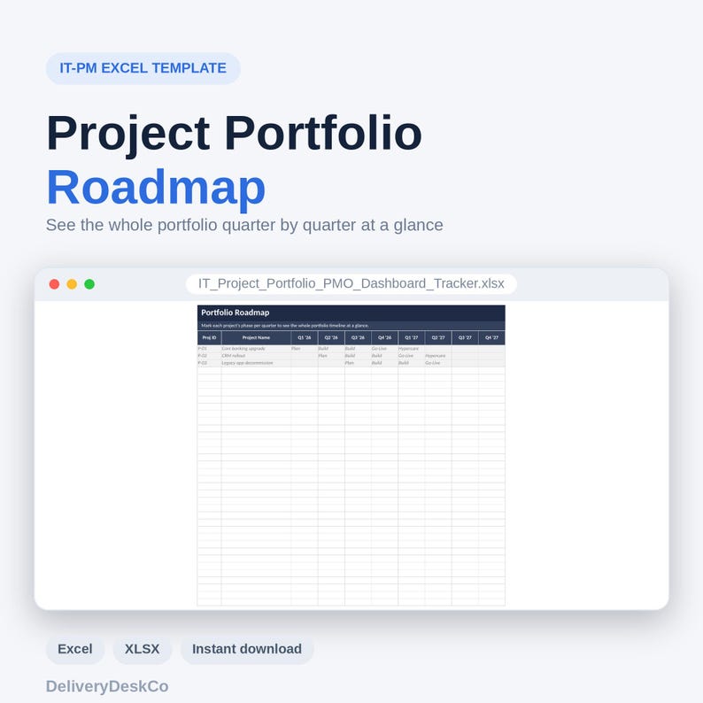 K&ouml;nnte beinhalten: Eine IT-PM Excel-Vorlage mit dem Titel Project Portfolio Roadmap. Die digitale Benutzeroberfl&auml;che zeigt eine Tabelle namens IT_Project_Portfolio_PMO_Dashboard_Tracker.xlsx mit einem Raster zur Verfolgung von Projektphasen nach Quartalen.