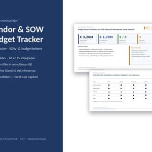 K&ouml;nnte beinhalten: Eine digitale Vendor & SOW Budget Tracker Pr&auml;sentationsvorlage mit einer dunkelblauen Seitenleiste und wei&szlig;em Text sowie zwei wei&szlig;en Folien, die Finanzdaten, Budgetkennzahlen, Zeitpl&auml;ne und Leistungs-Heatmaps im 16:9-Format zeigen.