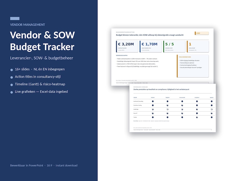K&ouml;nnte beinhalten: Eine digitale Vendor & SOW Budget Tracker Pr&auml;sentationsvorlage mit einer dunkelblauen Seitenleiste und wei&szlig;em Text sowie zwei wei&szlig;en Folien, die Finanzdaten, Budgetkennzahlen, Zeitpl&auml;ne und Leistungs-Heatmaps im 16:9-Format zeigen.