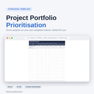 K&ouml;nnte beinhalten: Eine IT-PM Excel-Vorlage mit dem Titel Project Portfolio Prioritisation und dem Untertitel Score projects on your own weighted criteria, ranked for you. Die Oberfl&auml;che zeigt ein IT_Project_Portfolio_PMO_Dashboard_Tracker.xlsx Dateifenster.