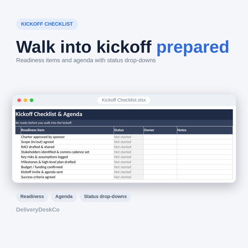 May include: A digital Kickoff Checklist spreadsheet titled Kickoff Checklist.xlsx featuring columns for Readiness item, Status, Owner, and Notes. The document includes rows for charter approval, scope, RACI, stakeholders, risks, milestones, budget, and agenda.
