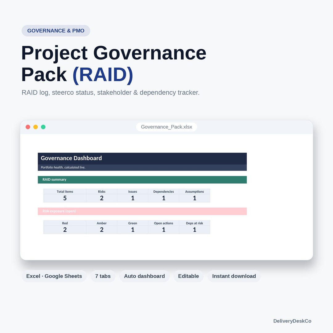 RAID Log & Program Governance Pack (Excel + Google Sheets) — product image showing the Excel template