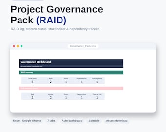 RAID-logboeksjabloon Excel en Google Spreadsheets | IT-programmabeheerpakket, Auto Health Dashboard, SteerCo-status, Milestone Tracker