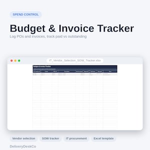 Może przedstawiać: Cyfrowy szablon arkusza kalkulacyjnego Budget & Invoice Tracker wyświetlony w oknie o tytule IT_Vendor_Selection_SOW_Tracker.xlsx. Interfejs zawiera kolumny dla numer&oacute;w zam&oacute;wień, dostawc&oacute;w, opis&oacute;w, kwot oraz statusu płatności.
