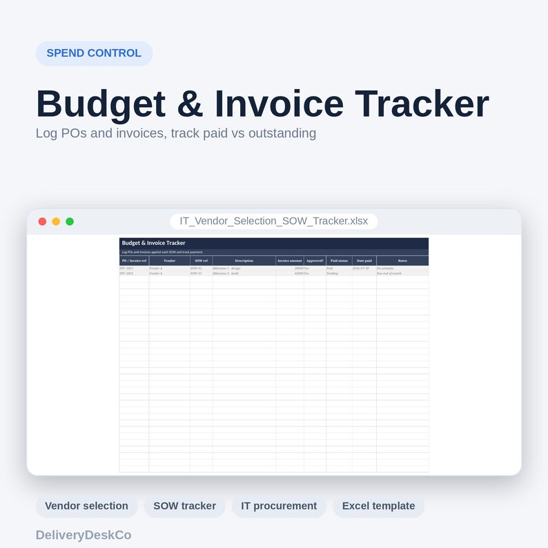 Może przedstawiać: Cyfrowy szablon arkusza kalkulacyjnego Budget & Invoice Tracker wyświetlony w oknie o tytule IT_Vendor_Selection_SOW_Tracker.xlsx. Interfejs zawiera kolumny dla numer&oacute;w zam&oacute;wień, dostawc&oacute;w, opis&oacute;w, kwot oraz statusu płatności.
