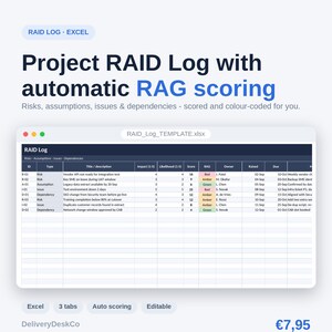 May include: A digital spreadsheet template titled Project RAID Log with automatic RAG scoring, displaying risks, assumptions, issues, and dependencies. The interface shows a table with columns for ID, type, description, impact, likelihood, score, RAG, owner, raised, and due dates.