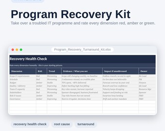 Modèle Excel de plan de redressement de projet | Diagnostic de programme, analyse des causes profondes et plan d'action de redressement | Kit de sauvetage de projet rouge