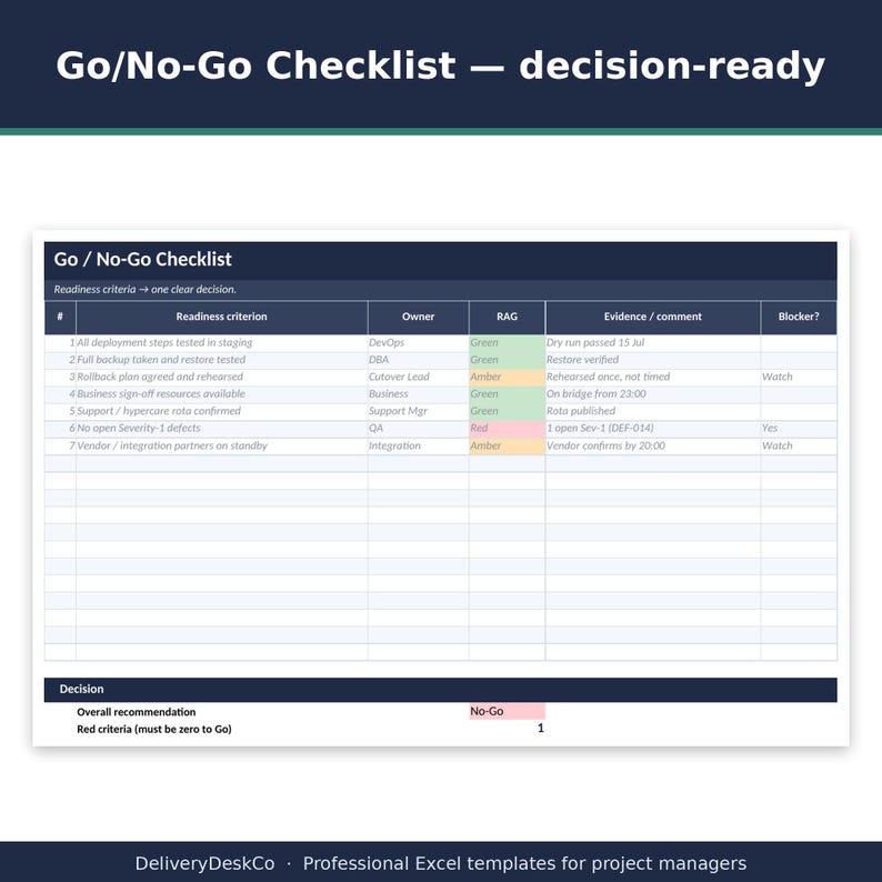 Go/No-Go Checklist Excel Template | IT Release Readiness Decision Tool, Go Live Cutover image 3