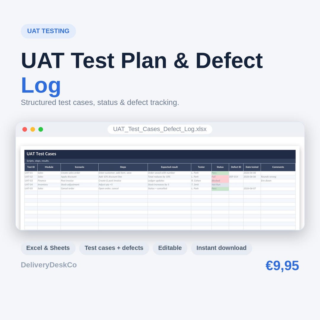 UAT Template (Excel) — preview of the Excel template as listed on Etsy