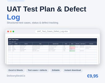 Modèle UAT Excel | Tests d'acceptation par l'utilisateur, cas de test et suivi du journal des défauts | Modèle de test logiciel Projets informatiques