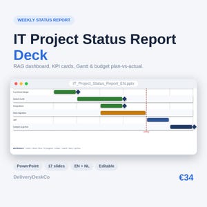 Weekly Status Report Deck | Executive Summary, RAG Dashboard, Gantt Timeline, Progress, Financials & Risks | 17 Slides