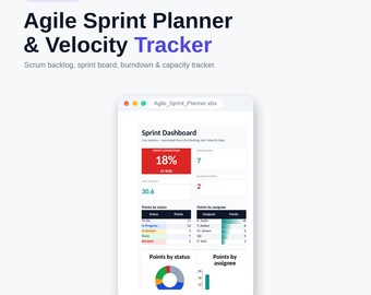 Agile sprintplanner en snelheidstracker | Scrumachterstand, sprintboard, burndown, capaciteit | Excel-sjabloon voor projectbeheer