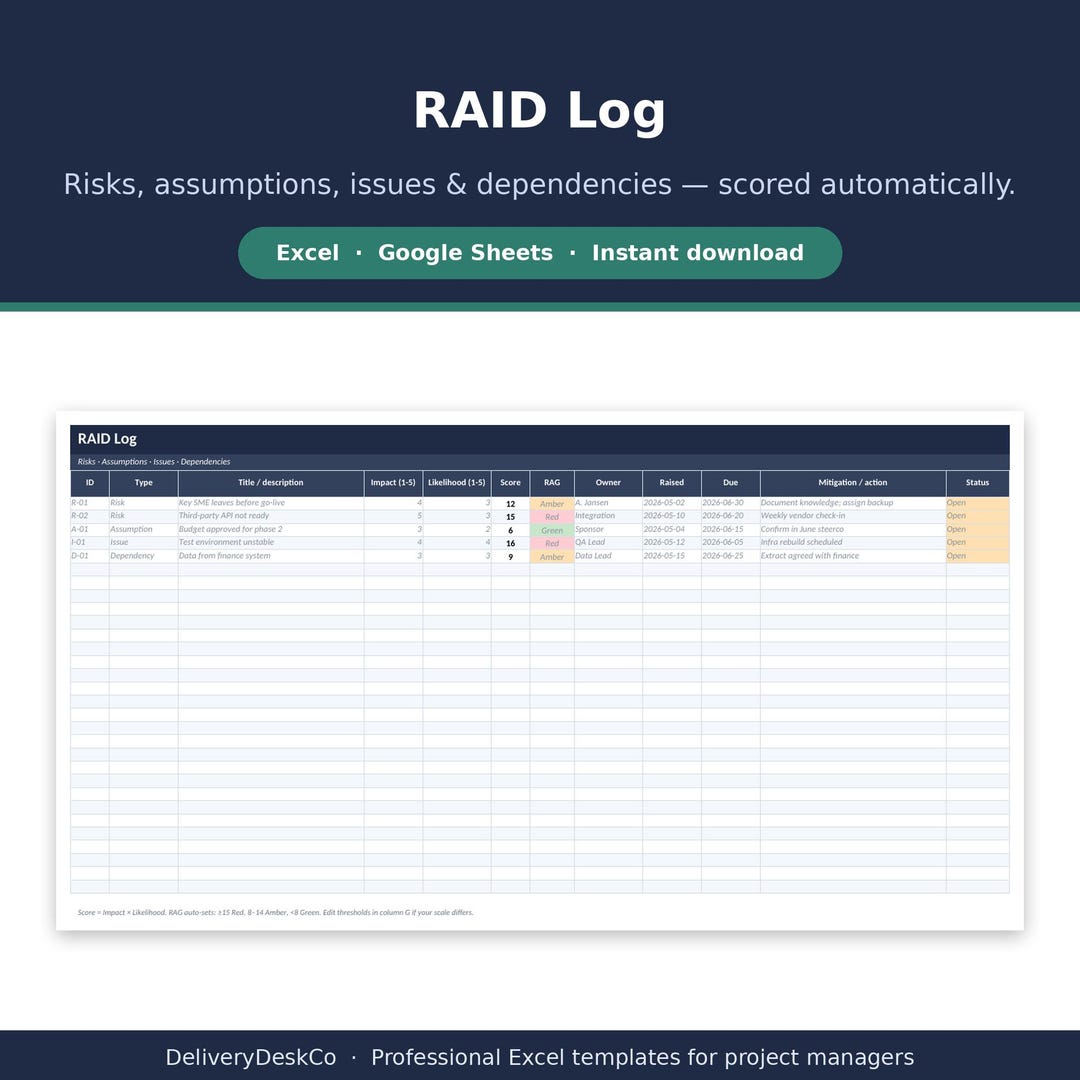 RAID Log Template (Excel) — preview of the Excel template as listed on Etsy