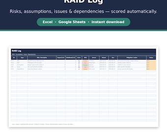 Modèle de journal RAID Excel | Registre des risques, suivi des problèmes, des hypothèses et des dépendances avec notation RAG automatique | Gestion de projet