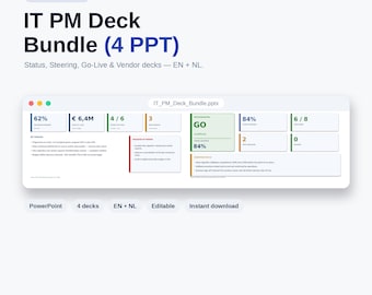 Sjabloonbundel IT-projectmanagement PowerPoint | 4 decks: status, besturing, live gaan, leverancier | RAG, Gantt, heatmap | Engels + Nederlands