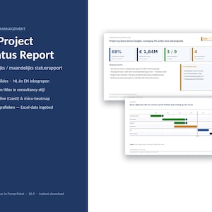 K&ouml;nnte beinhalten: Eine IT-Projektstatusbericht-Pr&auml;sentationsvorlage mit einer dunkelblauen Seitenleiste und zwei wei&szlig;en Folien, die Projektkennzahlen, Budgetdaten und ein Gantt-Diagramm mit gr&uuml;nen, orangen und blauen horizontalen Balken darstellen.