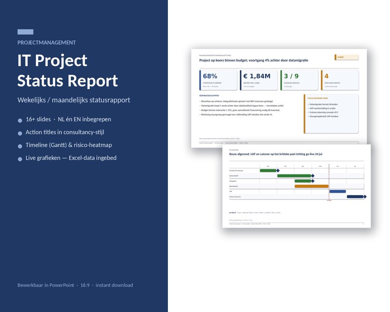 K&ouml;nnte beinhalten: Eine IT-Projektstatusbericht-Pr&auml;sentationsvorlage mit einer dunkelblauen Seitenleiste und zwei wei&szlig;en Folien, die Projektkennzahlen, Budgetdaten und ein Gantt-Diagramm mit gr&uuml;nen, orangen und blauen horizontalen Balken darstellen.